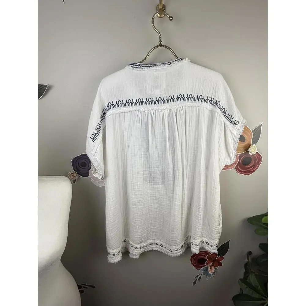 Johnny Was White and Navy Cotton Embroidered Tunic - Size - Small - Picture 5 of 7